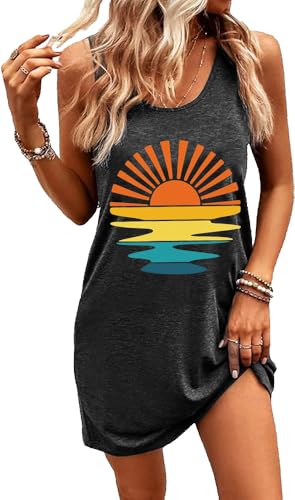 Image of Summer Tank Dress for Women Casual Vacation Sundress Coconut Tree Graphic Beach Cover Up