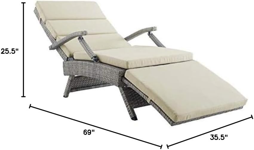 Pemberly Row Modern Wicker/Rattan Patio Lounge Chair, 35.5"H x 25.5"W x 69"D, UV-Resistant Aluminum Frame, Beige Cushions, Adjustable Recline and Footrest, Folding Outdoor Chair for Patio, Sunroom,