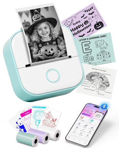Memoking T02 Mini Impresora Termica, Mini impresora Etiquetas Adhesivas | Mini Impresora Termica Portatil Con 3 rollos papel, Etiquetadora Adhesivas para Fotos, Notas de Estudio, Regalo y imágenes
