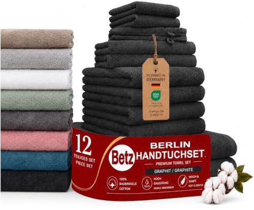 Betz Berlin Handtuch-Set 12-teilig – 100% Baumwolle – Oeko-TEX® Zertifiziert – extra saugfähig & weich – hohe Grammatur – Duschtücher, Handtücher, Gästetücher & Waschhandschuhe Farbe Graphit