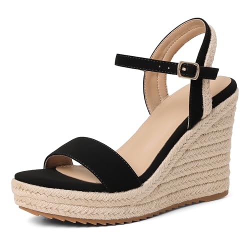 mikarka Black Wedges for Women: Comfortable Espadrilles Wedge Sandals -