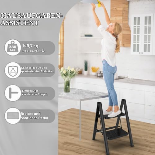 HBTower Trittleiter 2 Stufen Klappbar, Leichtes und Kompaktes Klapptritt mit Rutschfesten Stufen, Robuster Stahlrahmen, 150 kg Tragkraft, Tragbar für Haushalt und Küche