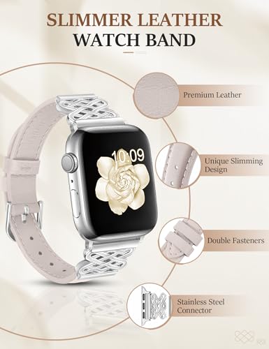 Image of Newlibery Leather Band for Women Slim Dressy Bands Compatible with Apple Watch 38mm 40mm 41mm 42mm 44mm 45mm 49mm, Designer Interlock Buckle Strap for iWatch Series 10 /9 /8 /7 /6 /5 /4 /3 /2 /1 /SE /Ultra