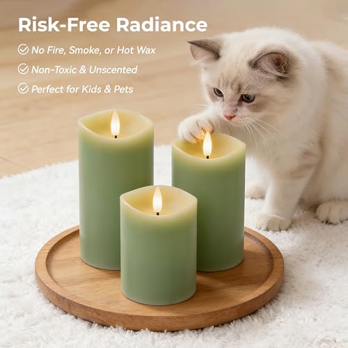 Image of Pastel Green LED Real Wax Made Flameless Battery-Operated Pillar Candles