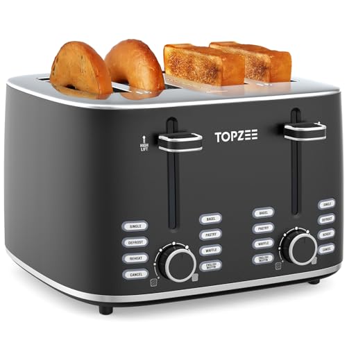 Image of Topzee Toaster 4 Slice, Wide Slot for Toasting Bagel Muffin Waffle Gluten Free Breads, 7 Shade Settings, Defrost & Reheat,Dual Control Panel, Stainless Steel, Easy Clean, Black