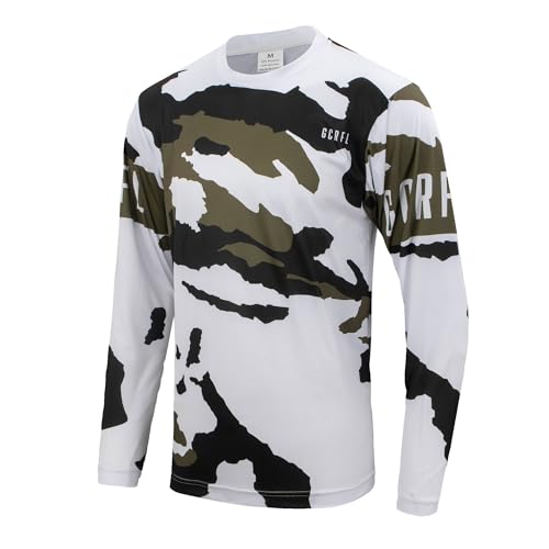 GCRFL Mens Cycling Jersey Shirt Long Sleeves Downhill Off-Road MTB Jersey Racing Riding Mountain Bike Motocross Shirt (White/Army Green M)