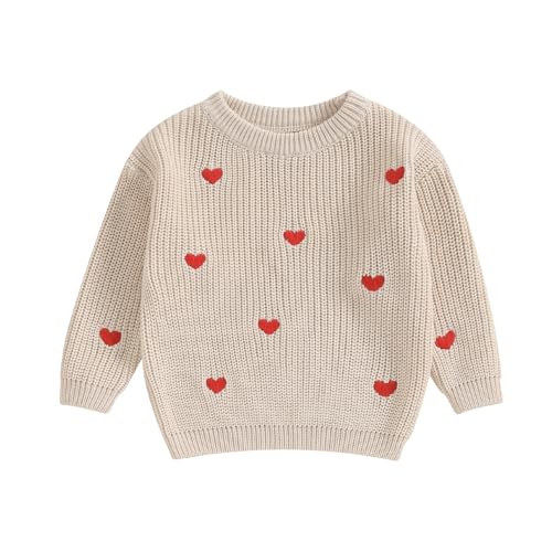 Karwuiio Toddler Baby Girl Boy Knit Sweater Long Sleeve Heart Sweater Infant Warm Fall Winter Pullover Sweatshirt Knitwear (Khaki Red Heart, 5-6 Years)