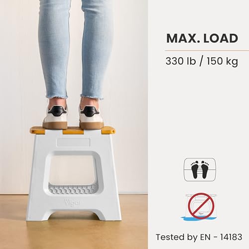 Image of Vigar Compact Folding Step Stool, 12-1 /2 in, Gray Bamboo Print | 12-1 /2 in Foldable Stool, Lightweight Portable Design, Handle, Non Slip Surface, Space-Saving, Supports up to 330 lb