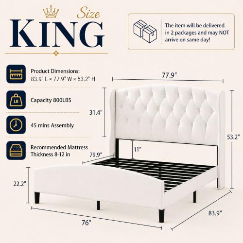 Image of Decoholic King Size Upholstered Bed Frame with 53.2 inch Wingback Headboard