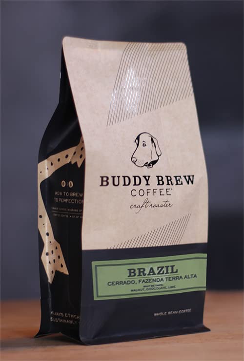 Buddy Brew Coffee, Medium Roast Whole Bean - Brazil Terra Alta - 2lb Bag - full body and fruit notes, chocolate, caramel and nut single origin - ships