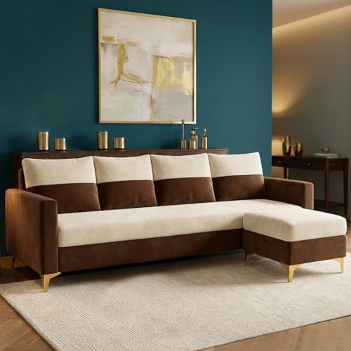 Image of FURNY Canvora 5 Seater L Shape Sofa Set with Movable Ottoman | Flexible Left or Right Layout | Plush Velvet Fabric (Cream-Brown) | Perfect for Living Room, Guest Room & Office