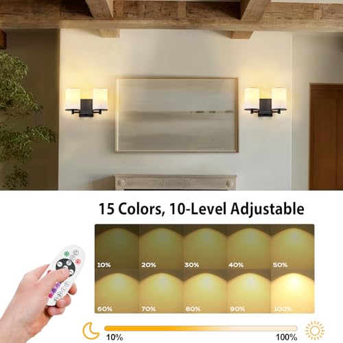 Image of Battery Operated Double Wall Sconce,Rechargeable Battery Powered Vanity Lights,Cordless No Wiring Dimmable Double Sconce with Remote Control for Bedroom Living Room