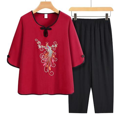 Oplxuo Women Tang Suit Chinese Cheongsam Shirt Capri Pants Sets, Frog Button Embroidery Tai Chi Clothing Kung Fu Clothing2