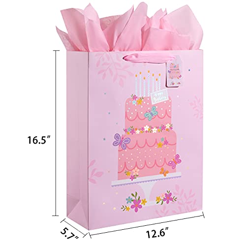 Suncolor 16" Extra Large Gift Bag With Tissue Paper For Girls (Happy Birthday Cake) #TOP3