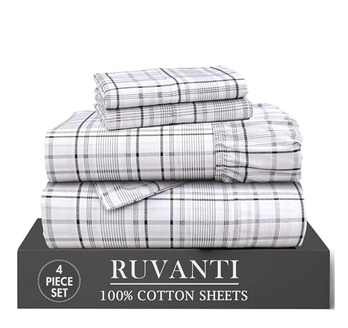 RUVANTI 100% Cotton Twin XL Sheets, Percale Weave Twin XL Set, Open Check