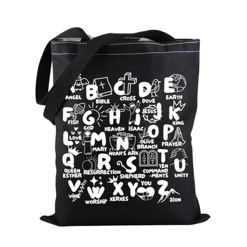 PWHAOO - PWHAOO Biblical Alphabet Merch Tote Bag Christian Alphabet Tote Bag Bible Verse Gift Christian Education Gift, Biblical Alphabet Tote, One Size