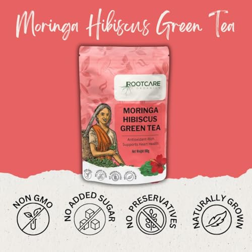 Image of Rootcare Organics green tea Moringa Hibiscus Herbal Tea 100g Pack Of 1 Month Antioxidant-Rich Supports Heart Health Caffeine-Free Aids Digestion Detoxification Loose Leaves Herb Blend
