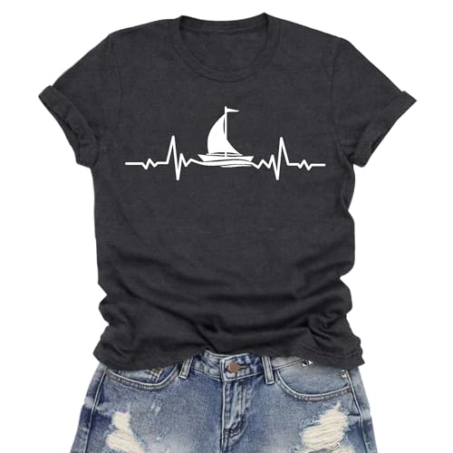 LuxLass Sailing Shirts for Women Funny Sailing Boat Lover Shirts Nautical Casual Tee Tops Grey
