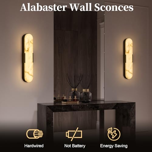 starhyams Alabaster Wall Sconces 20" Black Natural Marble Wall Sconce LED Hardwired Lighting Fixture Marble Bathroom Vanity Sconce Luxury Indoor Alabaster Wall Lamps for Living Room Hallway Stairway by starhyams - Used condition - Image 3