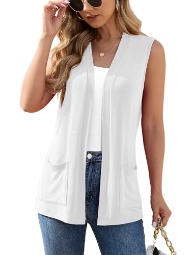 Veryoung Women's Sleeveless Open Front Cardigan Vest Lightweight Knit Vests Layering Top with Pockets for Spring Summer Casual Office 2026, White, Small