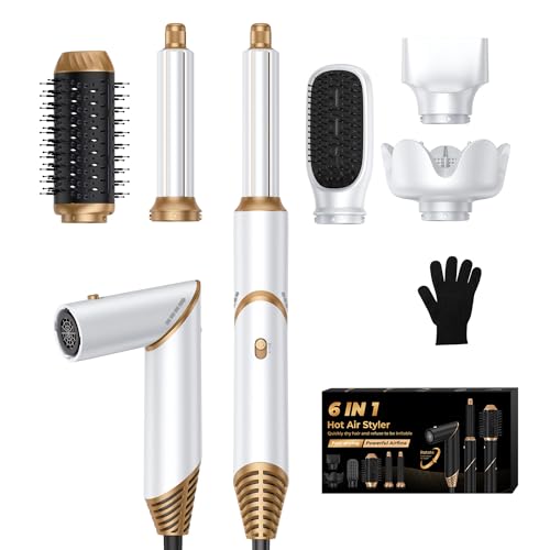 6 in 1 Hair Dryer Brush, Foldable Blow Dryer Brush with Wrap Curler, Detachable Air Hair Styler Curling, Drying,Volumizing, Straightening, Negative Ionic Hair Dryer with Diffuser, Hair Styling Tools