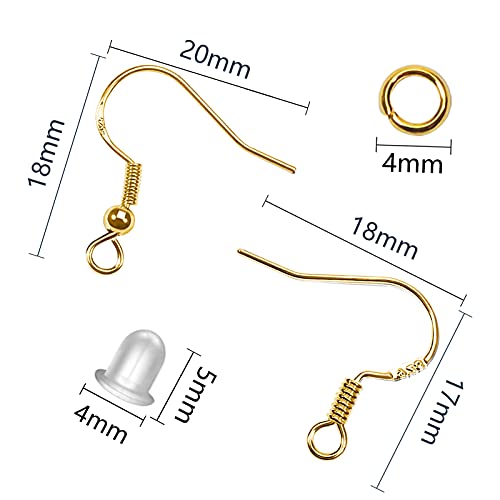 TOAOB 300 sztuk złotych miedzianych posrebrzanych kolczyków, 18 x 17 mm, 18 x 20 mm, z plastikowymi stoperami do uszu i metalowym pierścieniem do skakania, do produkcji biżuterii