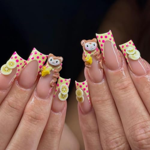 Handmade 3D Press-On Nails – Monkey & Banana French Tip Nail Art with Pink Polka Dots, Cartoon Design, and Fruit Accents