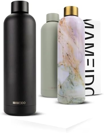 MAMEIDO Metal Water Bottle 500ml, 750ml & 1l - Leak-Proof Insulated Water Bottle. BPA Free Water Bottle Stainless Steel, Thermos Flask (Pearl Marble Gold, 0,5l)