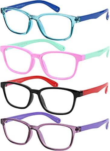 Yogo Vision Okulary blokujące niebieskie światło dla dzieci, ochrona przed promieniowaniem UV, dziewcząt, chłopców, niebieskie światło, odporne na zmęczenie oczu, 4-pak: niebieski, różowy i zielony,