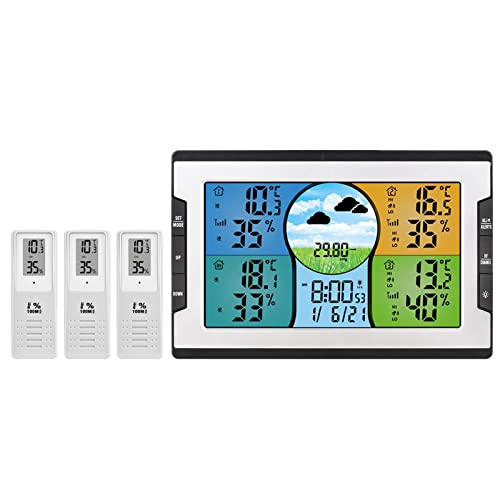 Estación meteorológica digital con 3 sensores remotos de 328 pies / 100 m para interiores y exteriores, monitor de temperatura, humedad, reloj despertador con termohigrómetro de repetición con