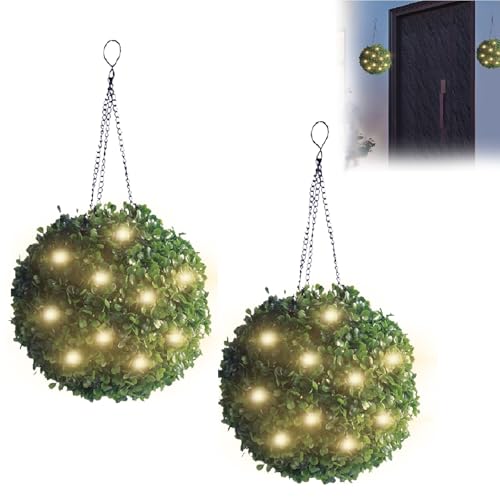 rovian Solar Topiary Balls Hanging Topiary Balls with Solar Lights Artificial Boxwood Grass Sphere with Warm White LEDs for Pathway Garden Patio Backyard Wedding Holiday Decor (14CM 2PACK)
