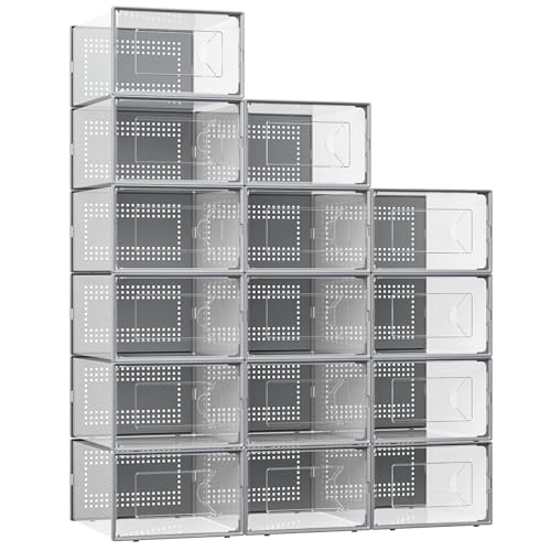 Foluck X-Large Shoe Storage Box, 15 Pack Clear Plastic Stackable Shoe Organizer for Closet, Interlocking Design Shoe Container Bins for Sneakers, Foldable Shoe Rack with Lids, Gray by Foluck - Used condition - US$31.86