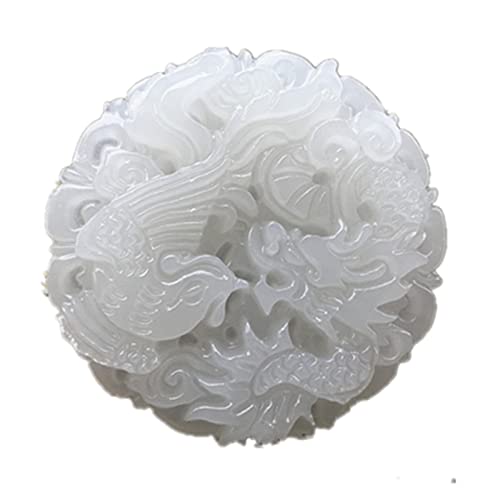 Oligage Natural White Jade Dragon Phoenix Pendant Necklace Chinese Hand-Carved