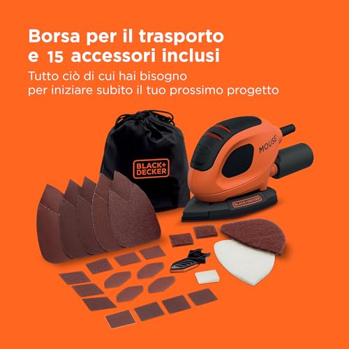 Black+Decker, Nuova Levigatrice Mouse Multifunzione 55W: Impugnatura Gommata, VelocitÀ 11.000 Giri/Min (22.000 Oscill./Min) - Dimensioni Piastra Orbitale 95X134Mm. BEW230BC-QS - 12