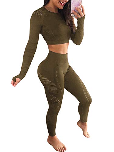 YOFIT Women's Workout Outfit 2 Pieces Seamless High Waist Yoga Leggings with Long Sleeve Crop Top Gym Clothes Set