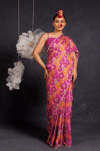 Image of MIRCHI FASHION Women Saree Chiffon Floral Printed | Breathable Festive Occasion Sari for Social Visits with Matching Blouse Piece