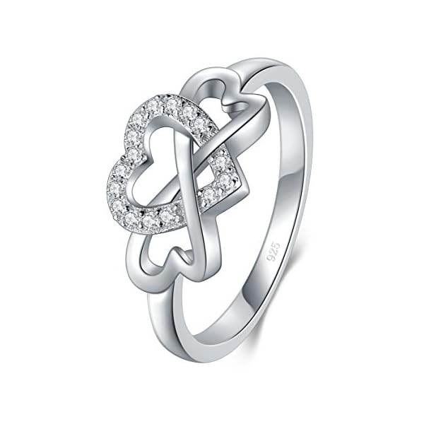 BORUO-925-Sterling-Silver-Ring-High-Polish-Cubic-Zirconia-Infinity-and-Heart-Tarnish-Resistant-Comfort-Fit-Ring BORUO Love Heart Eternity Band-925 Sterling Silver Rings for Women-Platinum Plated Over Sterling Silver Wedding Band- Promise Rings For Her-Silver Rings For Women, 2mm, Size 7