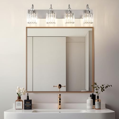 Image of Ralbay Crystal Brushed Nickel Vanity Light for Bathroom 4-Light Modern Bathroom Light Fixtures