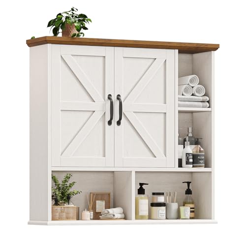 Image of Bathroom Wall Cabinet, Farmhouse Medicine Cabinet with Doors, White & Brown