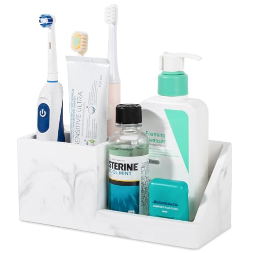 Diatomite Toothbrush Holders for Bathrooms, Quick Dry Electric Tooth Brush and Toothpaste Organizer Bathroom Accessories for Countertop, Vanity, Sink - Marble White