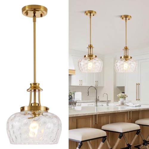 Modern Pendant Lights Kitchen Island Brushed Gold Pendant Light Fixtures with 10 Clear Hammered Glass Shade Industrial Hanging Pendant Lights Fixture for Kitchen Island Dining Room Bedroom Entryway