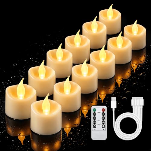 Image of JOSU Rechargeable Flameless Tea Lights Candles with Remote Timer, Battery Operated LED Tealight Candles with 2 x 6-Port USB-C Cable for Votive Wedding Table Centerpiece Home Aniversary Decor, 12-Pack