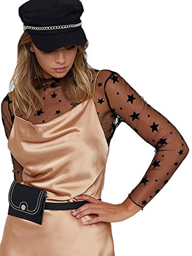 Eliacher Women Sexy Clubwear Mesh Sheer See Through Long Sleeve Crop Tops (L, Black StarL)