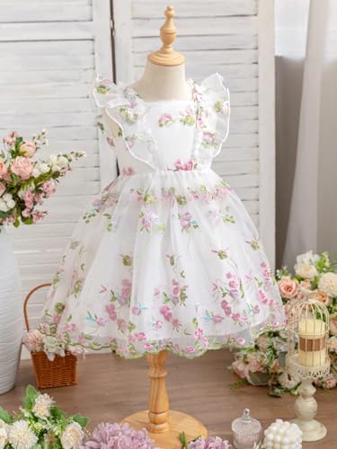 Image of Tagas Girls' Knee-Length Dress|Elegant Floral Embroidered Baby Girl Party Dress with Bow|Soft Net Layered Frock for Birthday, Wedding & Festive Occasions|Comfortable & Stylish