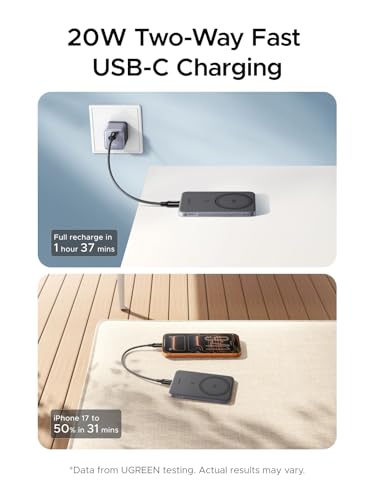 Image of UGREEN Magflow Air QI2 Power Bank, 8.6mm Ultra-Slim 5000mAh Magnetic Battery, 20W PD Fast Charging Portable Charger, MagSafe-Compatible External Battery for iPhone 17 /16 /15 /14 Series, Grey