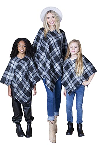 Blanket Shawl Wrap Mommy and Me Matching Cape - Boho Open Front Winter Poncho Buffalo Plaid Warm Cardigan - Main Image