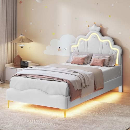 Lettino imbottito a LED, 90 x 200 cm, letto da principessa a forma di corona, morbida imbottitura in pelle PU, letto da...