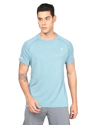 Image of TECHNOSPORT Men's Melange Slim Fit Round Neck T-Shirt Double Cool Raglan Sleeve Slip On Polyester for Gym Running Workout UPF50+ Anti Odour