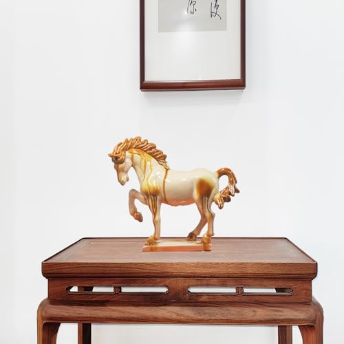 Ceramic Horse Sculpture -8 inch Hand Made -Tang Tri-Color Cultural Art Piece,Museum Collection Inspired Home and Office Decor (Ivory)
