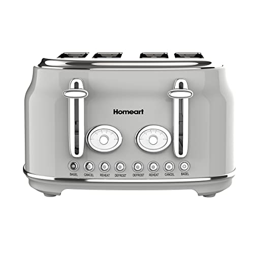 Homeart Chelsea 4-Slice Retro Toaster - Stainless Steel With Removable Crumb Tray, Adjustable Browning Control With Multiple Settings To Cancel, Defrost, Reheat And Bagel - 1500W, Powder Gray #TOP30